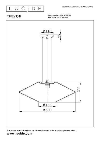 Lucide TREVOR - Pendant light - Ø 50 cm - 1xE27 - Opal - technical